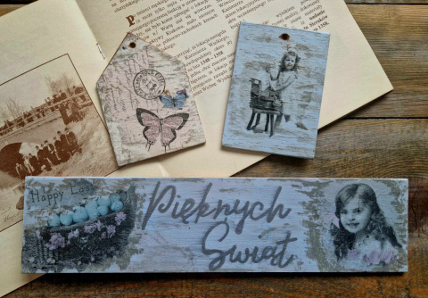 Deseczka vintage, zestaw z domkiem i tabliczką Deseczka vintage, zestaw z domkiem i tabliczką