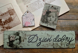 Deseczka vintage, zestaw z domkiem i tabliczką